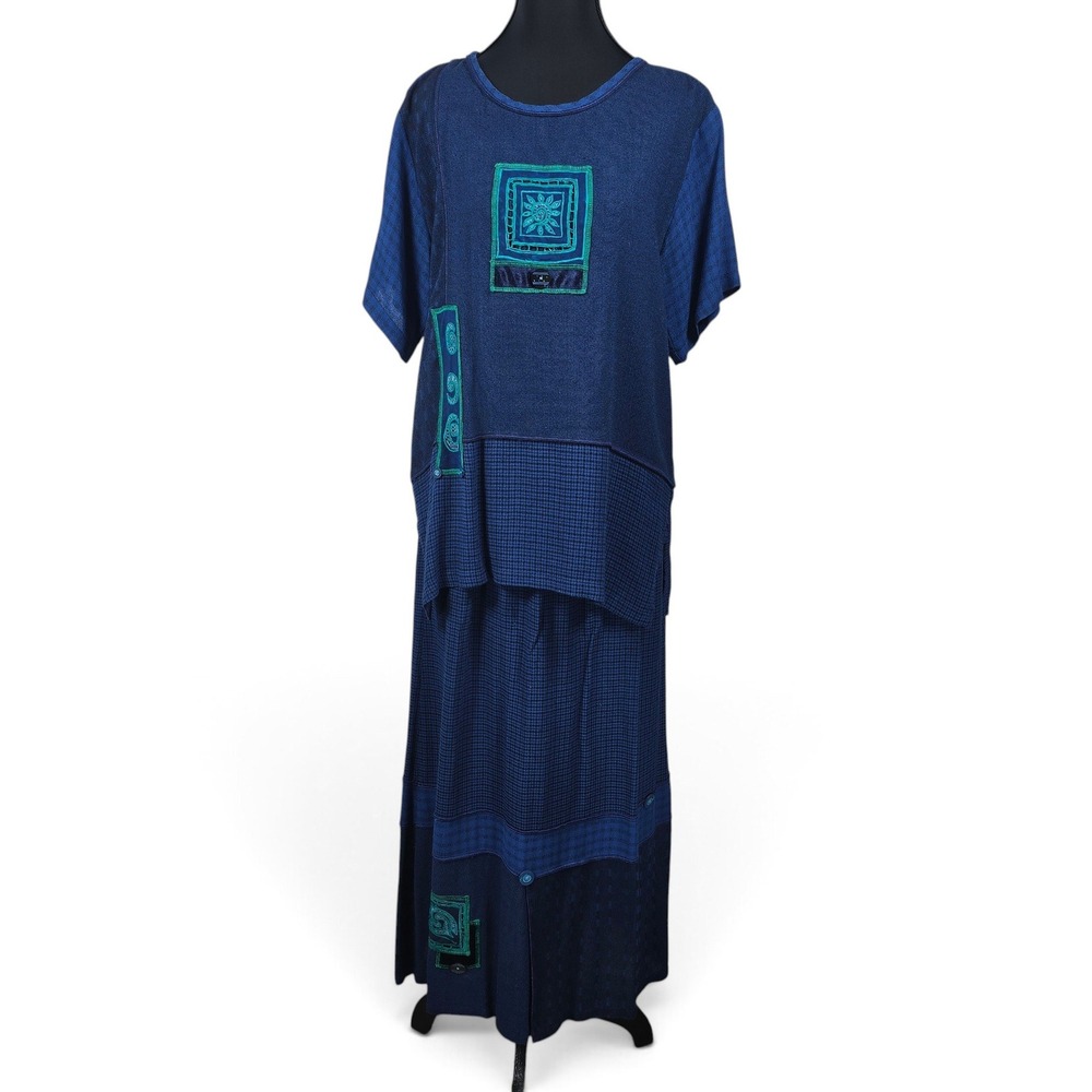 VTG Alexandra Pierce Skirt Set Womens S/M Blue Embroidered Rayon Maxi Boho Artsy